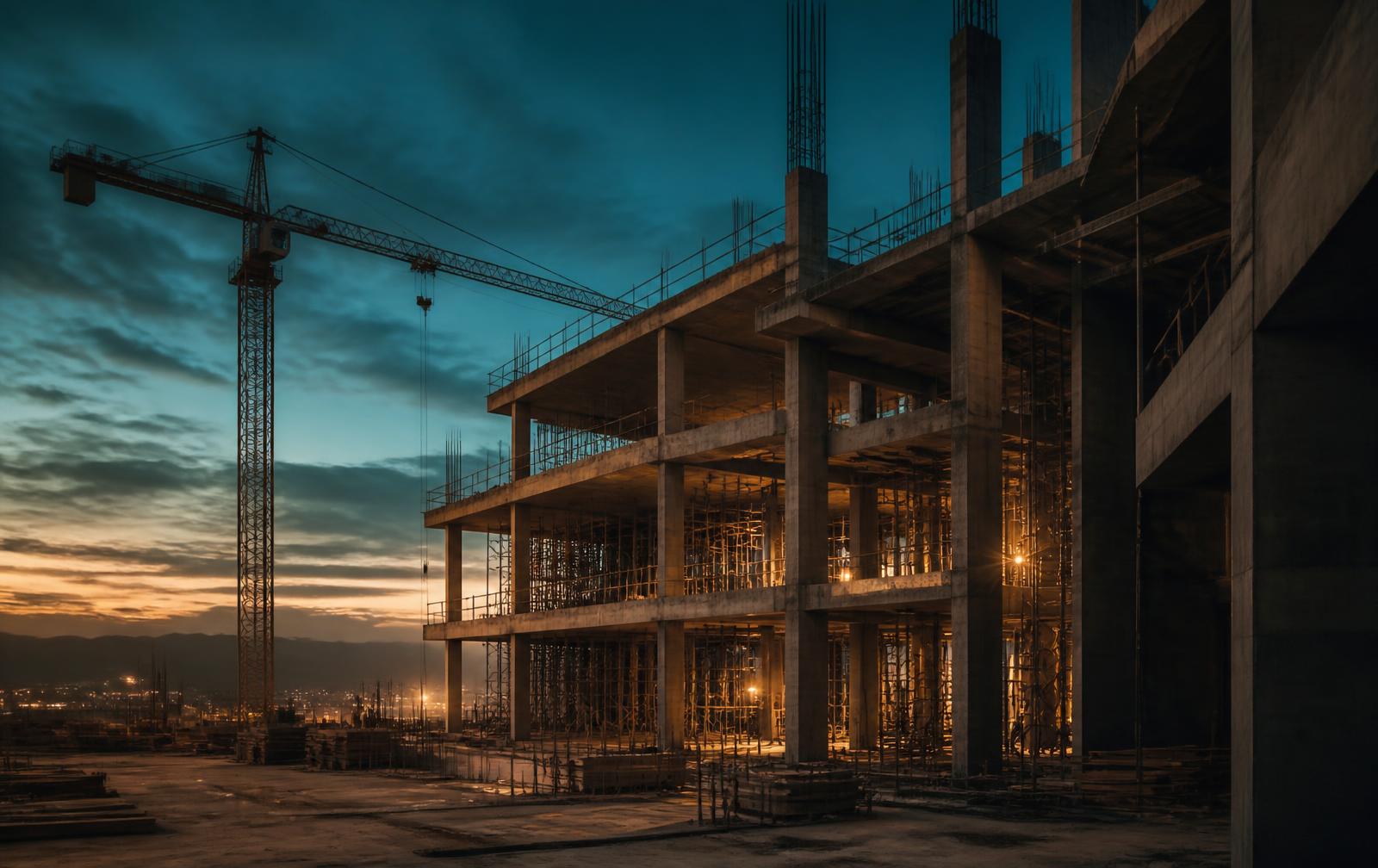 Edifício residencial em construção ao anoitecer, com a cidade ao fundo